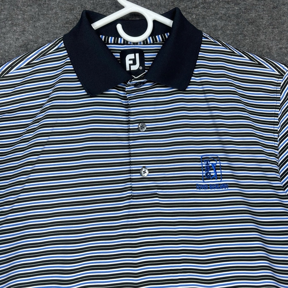 FootJoy Polo Shirt Mens M Blue black stripe TPC River Highlands Golf